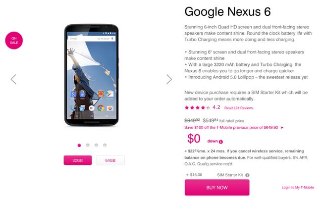 Fotografía - [Trato Alerta] T-Mobile Gotas Nexus 6 precio a $ 550, $ 100 menos que Google